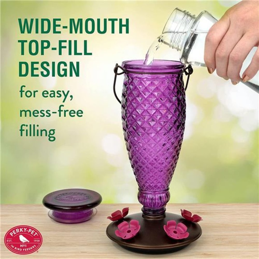 Purple Diamond Wine Top Fill Glass Hummingbird Feeder with Built-in Bee Guards - Picture 6 of 6